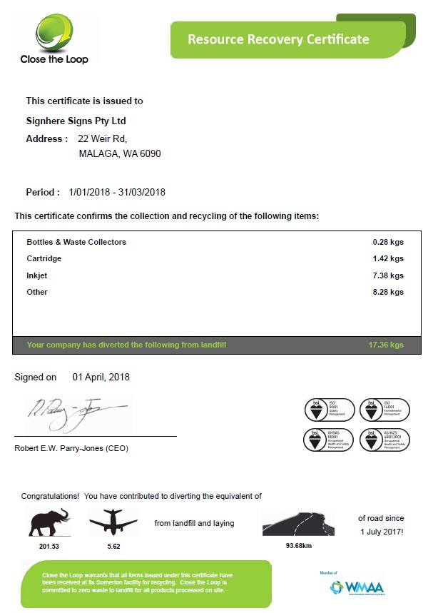 Our Close the Loop Certificate