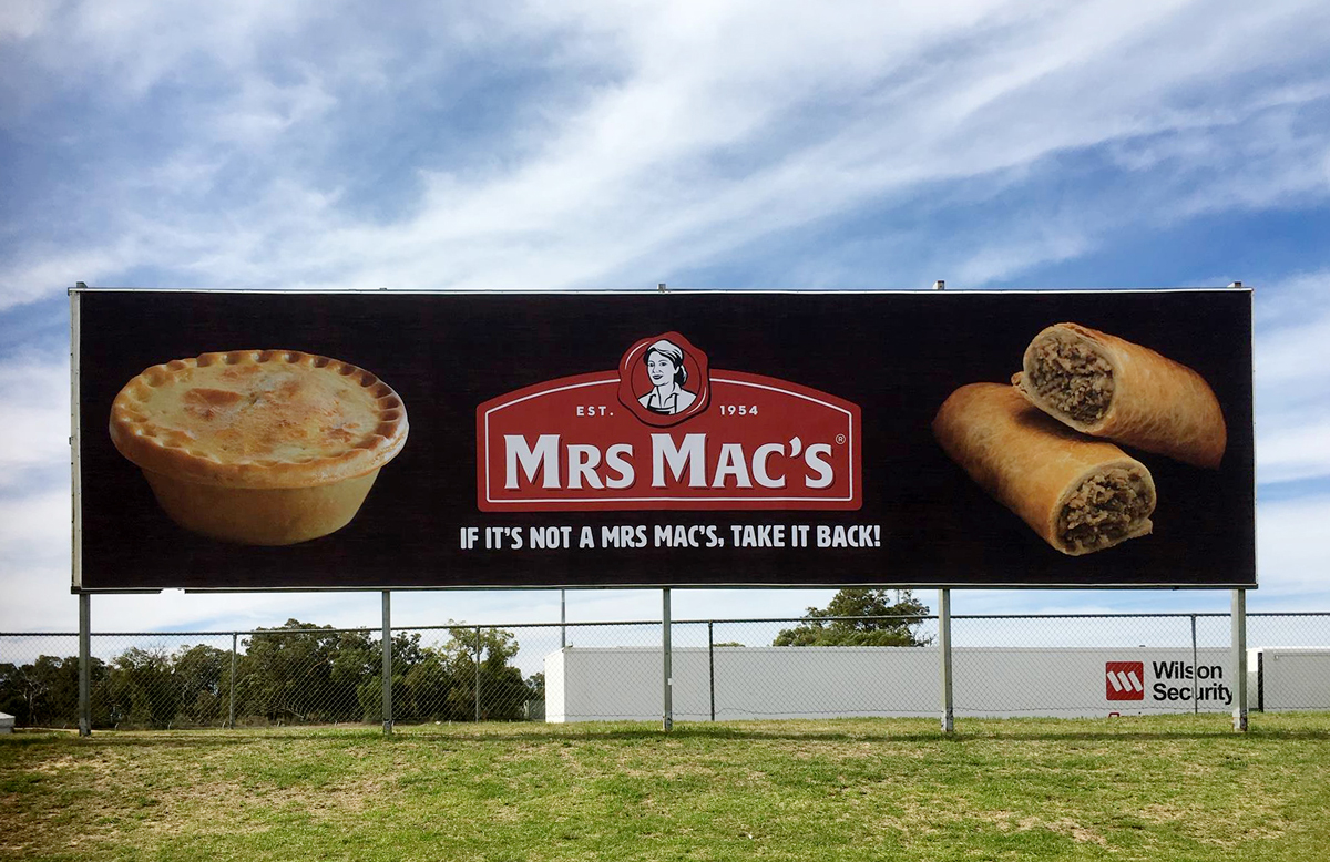 The new Mrs Mac's billboard at Barbagello Raceway in Perth