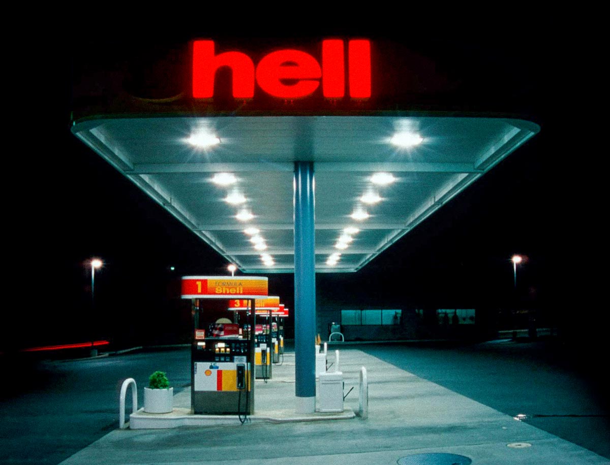 Shell service station reading 'HELL'