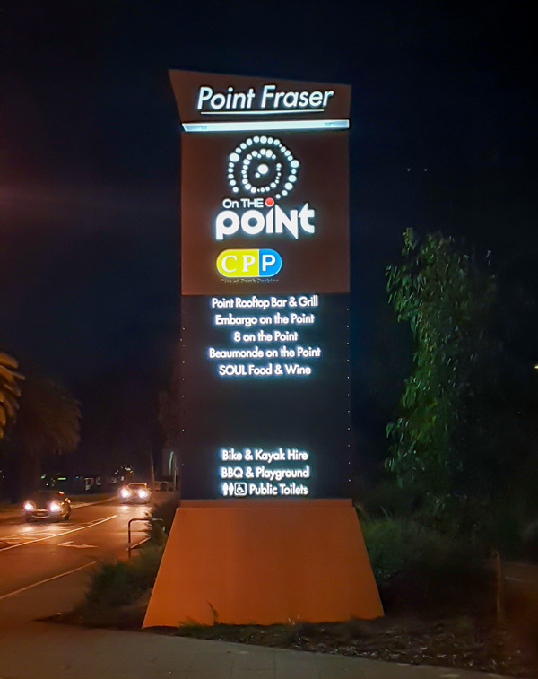 Point Fraser pylon sign at night